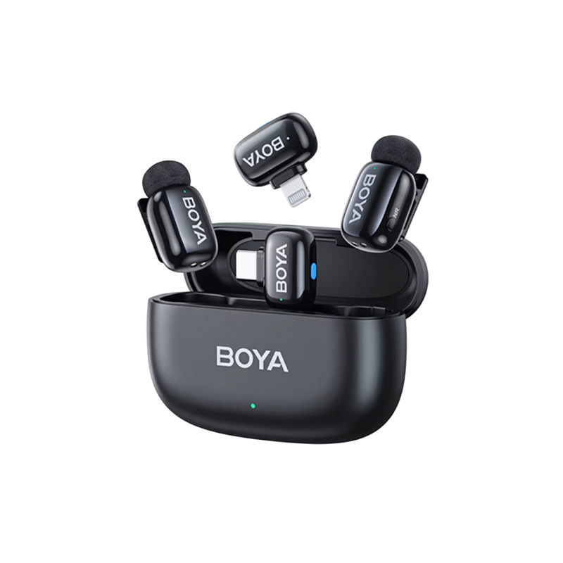 Microphone Wireless Boya Mini 2-01 Ultracompact (2 TX+ 2RX USB-C plug+ Lightning Plug + Charging case), Black