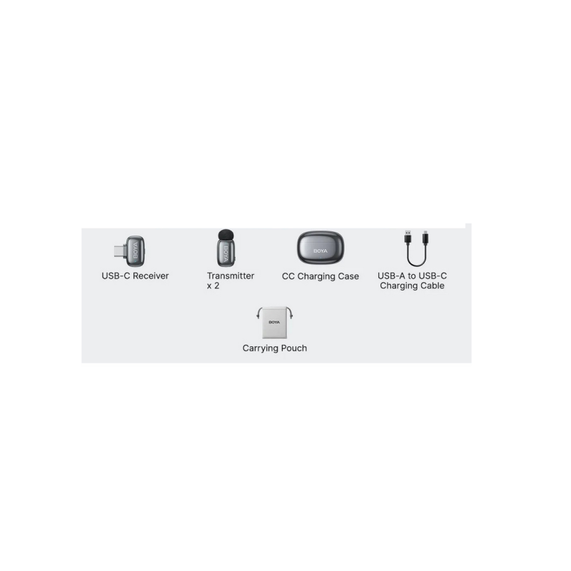 Беспроводной микрофон Boya Mini 2-02 Ultracompact (2 передатчика + 1 приемник, разъем USB-C + зарядный кейс), серебристый.