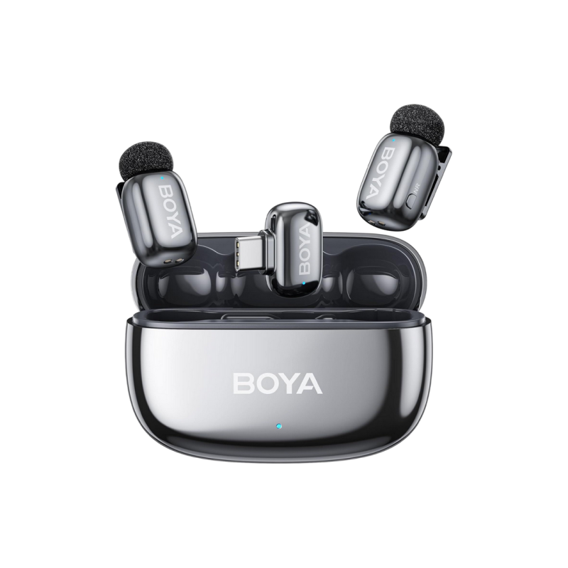 Беспроводной микрофон Boya Mini 2-02 Ultracompact (2 передатчика + 1 приемник, разъем USB-C + зарядный кейс), серебристый.