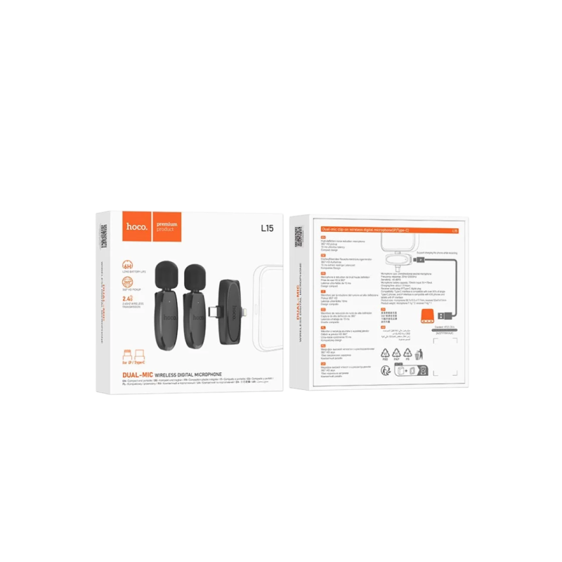 Hoco L15 Dual-mic clip-on wireless digital microphone(iP/Type-C), Black