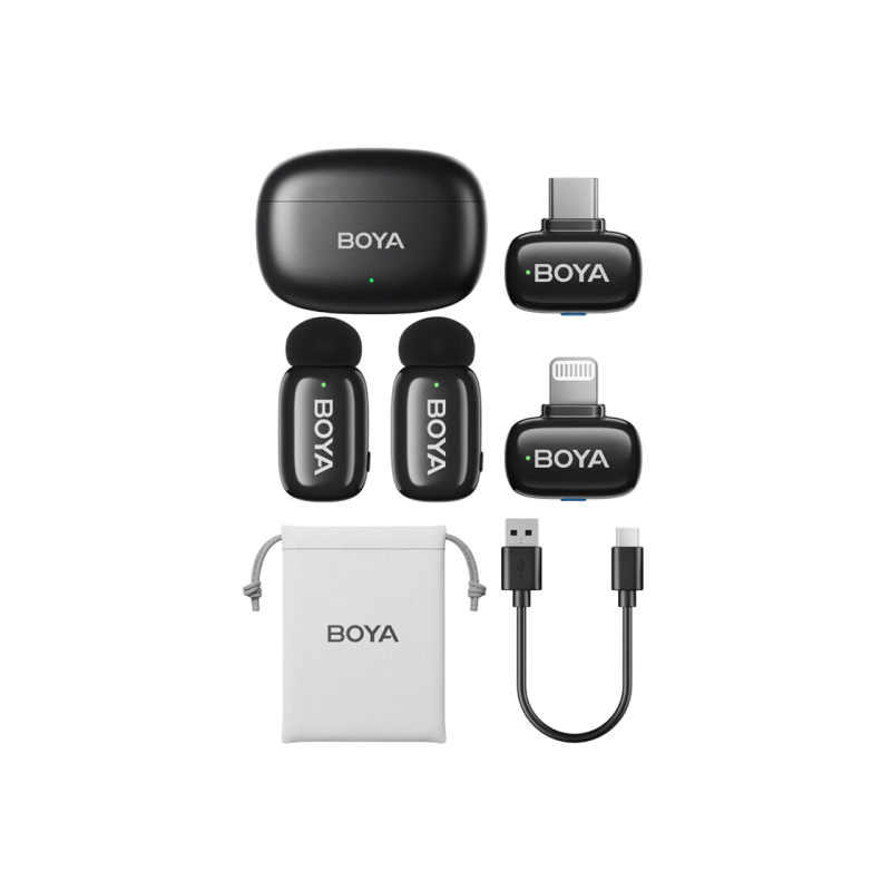 Microphone Wireless Boya Mini 2-01 Ultracompact (2 TX+ 2RX USB-C plug+ Lightning Plug + Charging case), Black