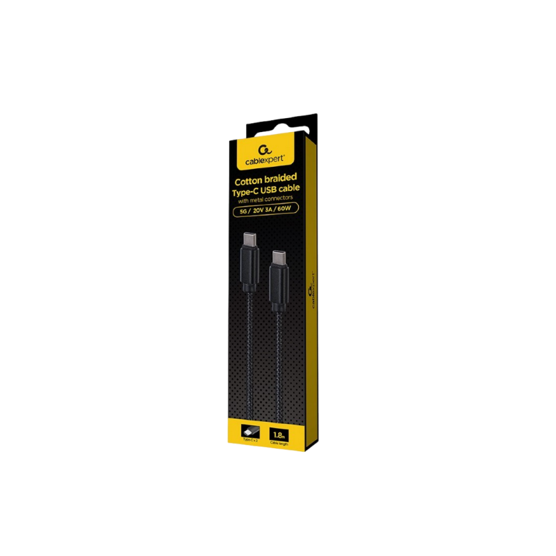 Кабель для розничной упаковки Type-C/Type-C, CM/CM, 1,8 м, Cablexpert Cotton Braided Black, CCDB-mUSB2B-CMCM-6