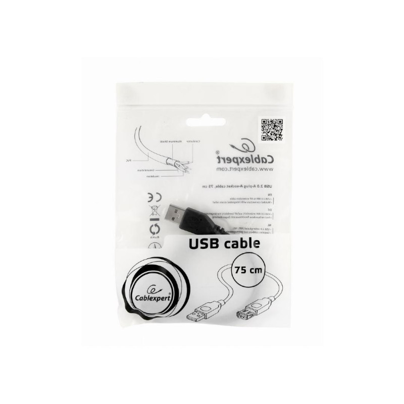 Кабель-удлинитель USB 2.0 Cablexpert CC-USB2-AMAF-75CM/300-BK, 0,75 м, Черный