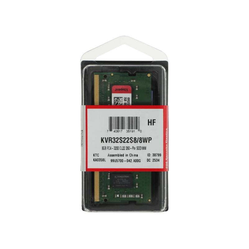 .8GB DDR4- 3200MHz SODIMM Kingston ValueRAM (KVR32S22S8/8WP), 1Rx8, CL22, 260pin, 1.2V