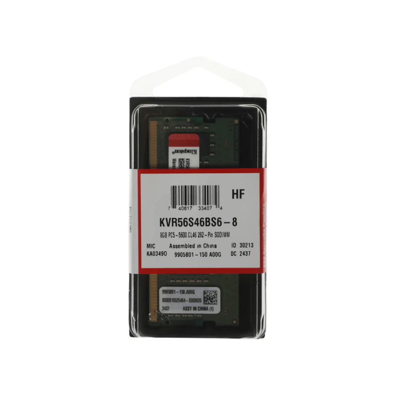 .8GB DDR5-5600MHz SODIMM Kingston ValueRAM (KVR56S46BS6-8), CL46, 1.1V, Intel XMP 3.0, Black