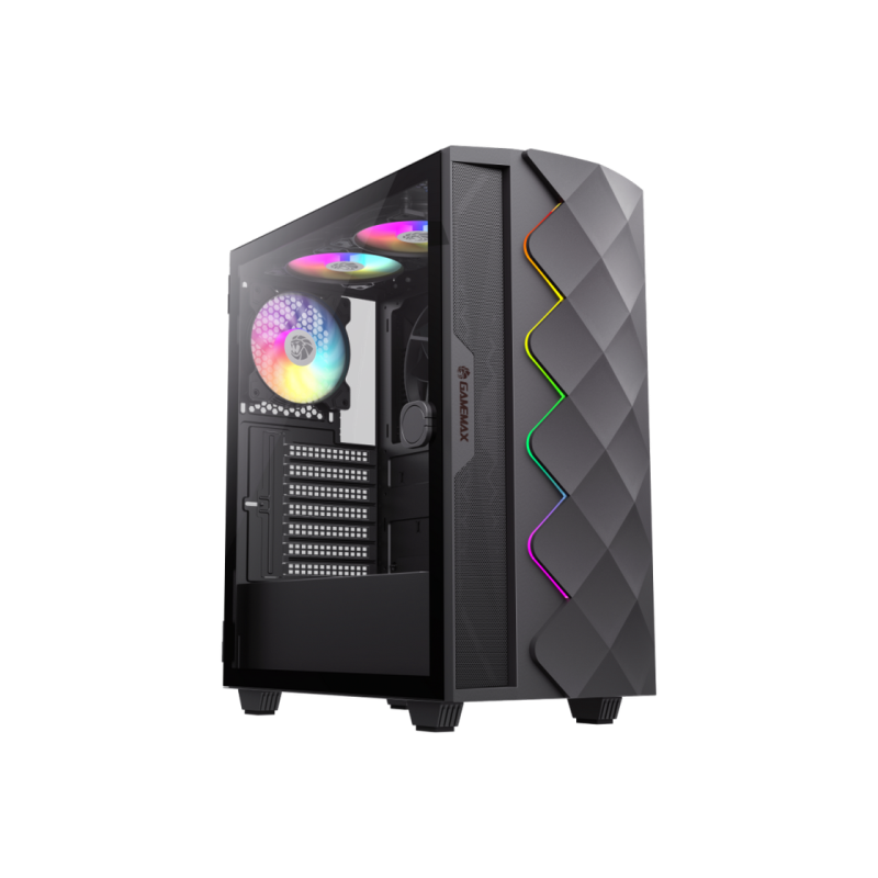Корпус ATX GAMEMAX Diamond CP BK, без блока питания, толщина слоя 0,5 мм, 2 x 120 мм ARGB-подсветки, 1 x 140 мм ARGB-подсветка, ARGB-концентратор, сетка на передней панели + светодиодная лента, 1 x USB3.1