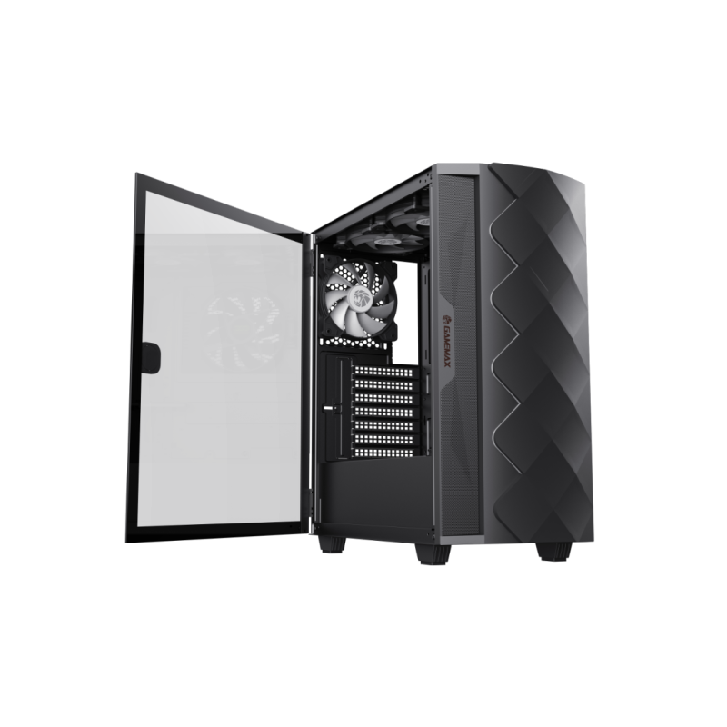 Корпус ATX GAMEMAX Diamond CP BK, без блока питания, толщина слоя 0,5 мм, 2 x 120 мм ARGB-подсветки, 1 x 140 мм ARGB-подсветка, ARGB-концентратор, сетка на передней панели + светодиодная лента, 1 x USB3.1