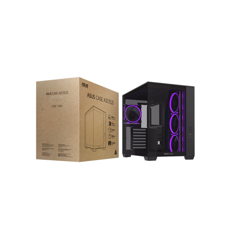 Case ATX Asus A32 PLUS TG ARGB BLACK, 4x120mm ARGB, Front Mesh, Tempered Glass, Headset hook, 2xUSBx3.0, 1xUSB 3.2