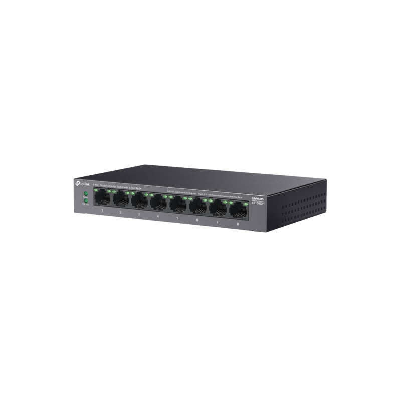 .8-port 10/100/1000Mbps POE, TP-LINK "LS108GP", with 8-Port PoE, 62W Budget, Auto Recovery, Metal