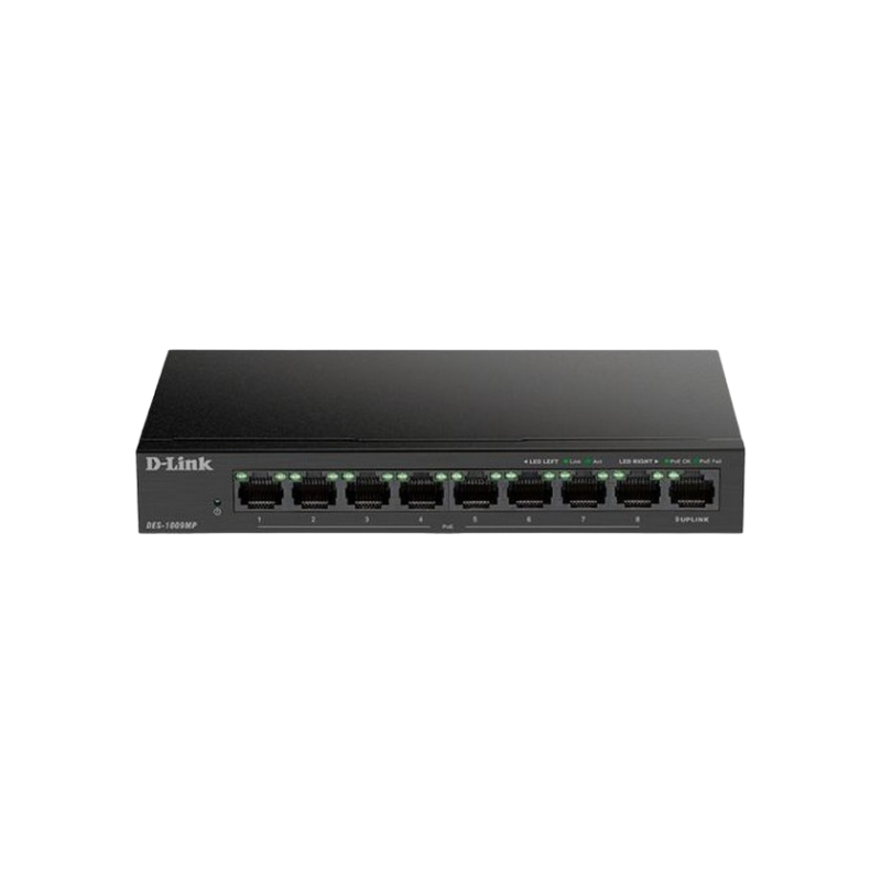 9-портовый 10/100 Мбит/с POE, D-Link DES-1009MP/A1A, с 8 портами PoE, 1xGigabit Uplink, бюджет 117 Вт