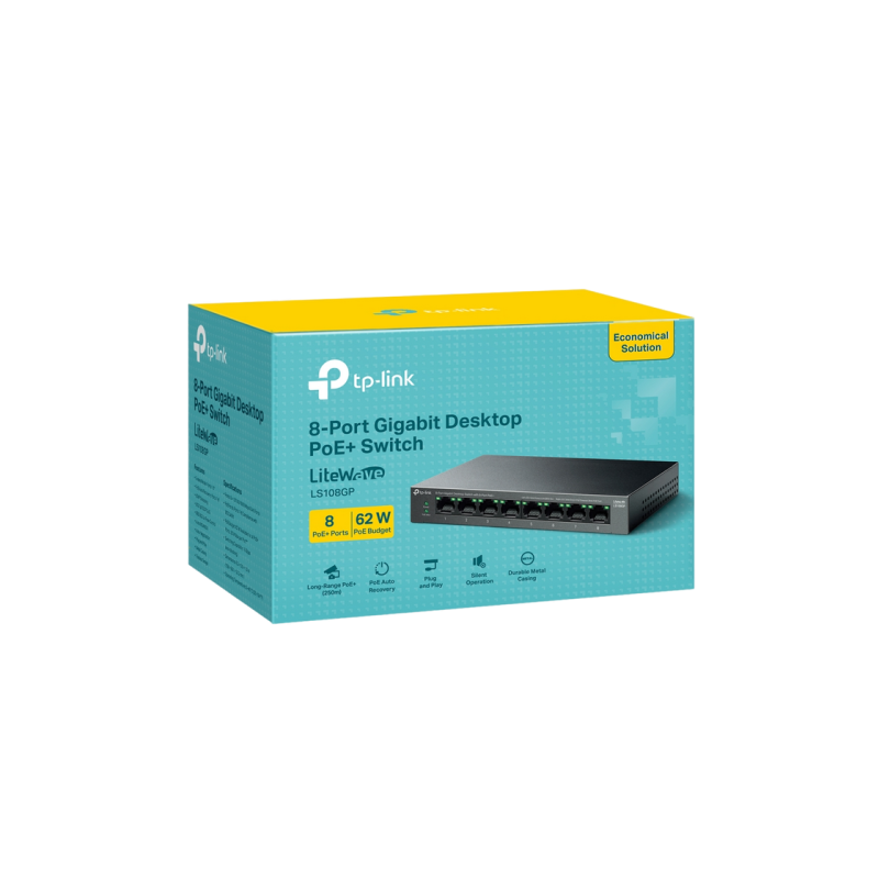 .8-port 10/100/1000Mbps POE, TP-LINK "LS108GP", with 8-Port PoE, 62W Budget, Auto Recovery, Metal