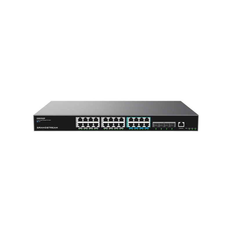 24-портовый управляемый коммутатор PoE++ 2.5G, Grandstream "GWN7822P", 8x2.5G PoE++, 16xGbit PoE+, 4x10G SFP+, сталь
