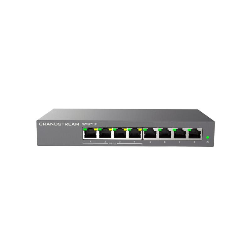 .8-портовый гигабитный управляемый коммутатор PoE Lite, Grandstream "GWN7711P", 4 порта PoE, стальной корпус, бюджет 60 Вт