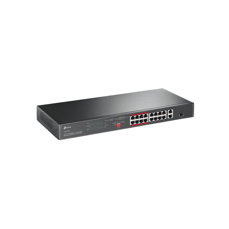 16-портовый 10/100M коммутатор TP-Link PoE+, TL-SL1218P, 2xGbit, 1xSFP combo, бюджет 150 Вт, 1U 19", сталь
