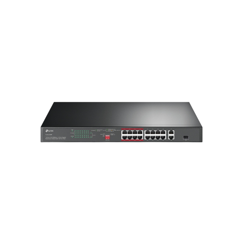 16-портовый 10/100M коммутатор TP-Link PoE+, TL-SL1218P, 2xGbit, 1xSFP combo, бюджет 150 Вт, 1U 19", сталь