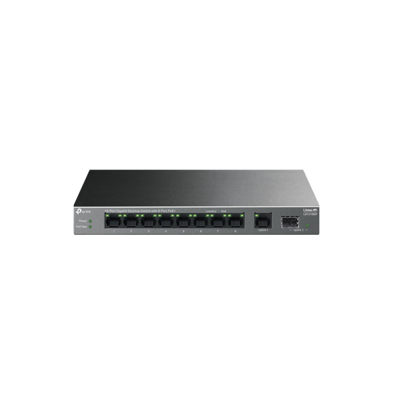 10-портовый 10/100/1000 Мбит/с POE+ коммутатор TP-LINK "LS1210GP", 8 портов PoE+, бюджет 61 Вт, автоматическое восстановление, SFP,