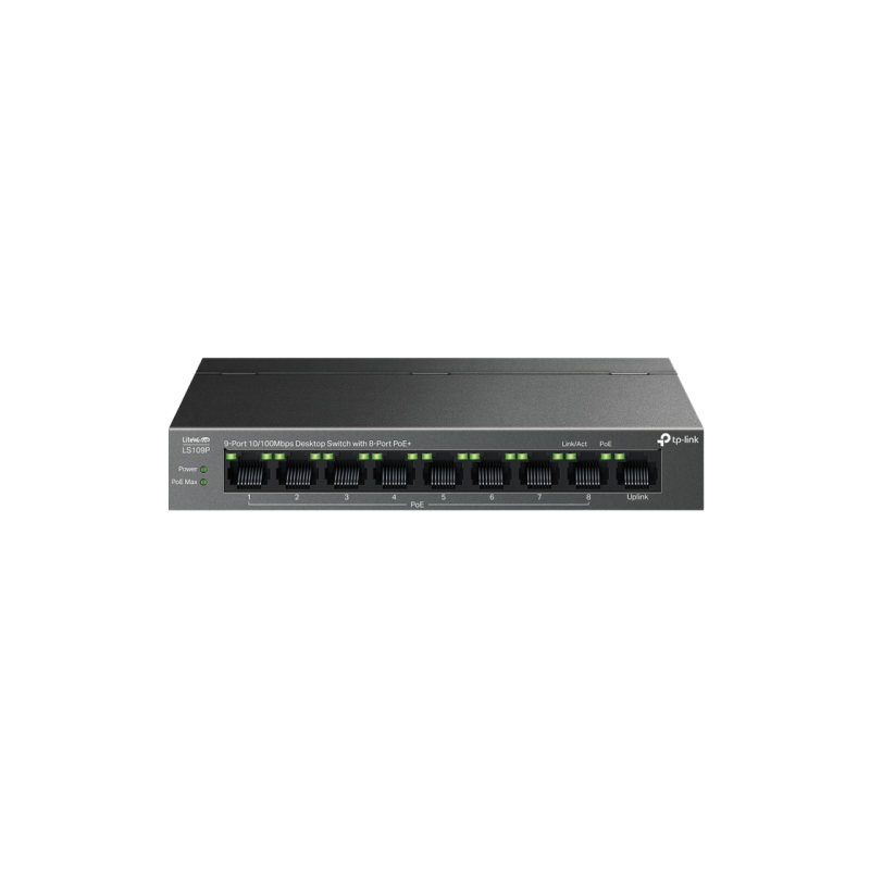 .9-портовый 10/100M коммутатор TP-Link PoE+, LS109P, 8 портов PoE+, бюджет 63 Вт, автоматическое восстановление PoE, стальной корпус