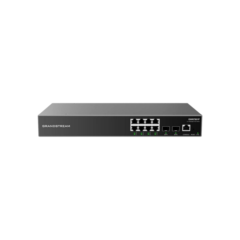 8-портовый гигабитный управляемый PoE-коммутатор, Grandstream "GWN7801P", 2xSFP, стальной корпус, бюджет 120 Вт