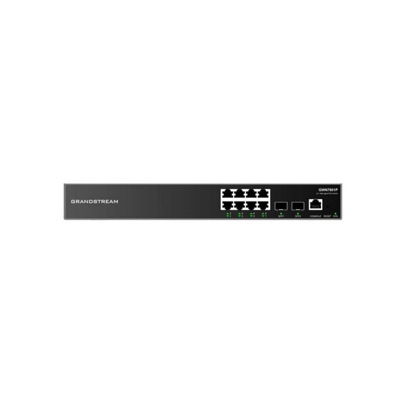 8-портовый гигабитный управляемый PoE-коммутатор, Grandstream "GWN7801P", 2xSFP, стальной корпус, бюджет 120 Вт