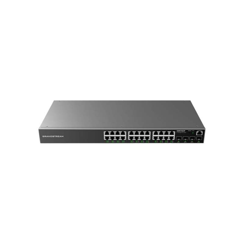 24-портовый гигабитный управляемый PoE-коммутатор, Grandstream "GWN7803P", 4xSFP, стальной корпус, бюджетный 360 Вт