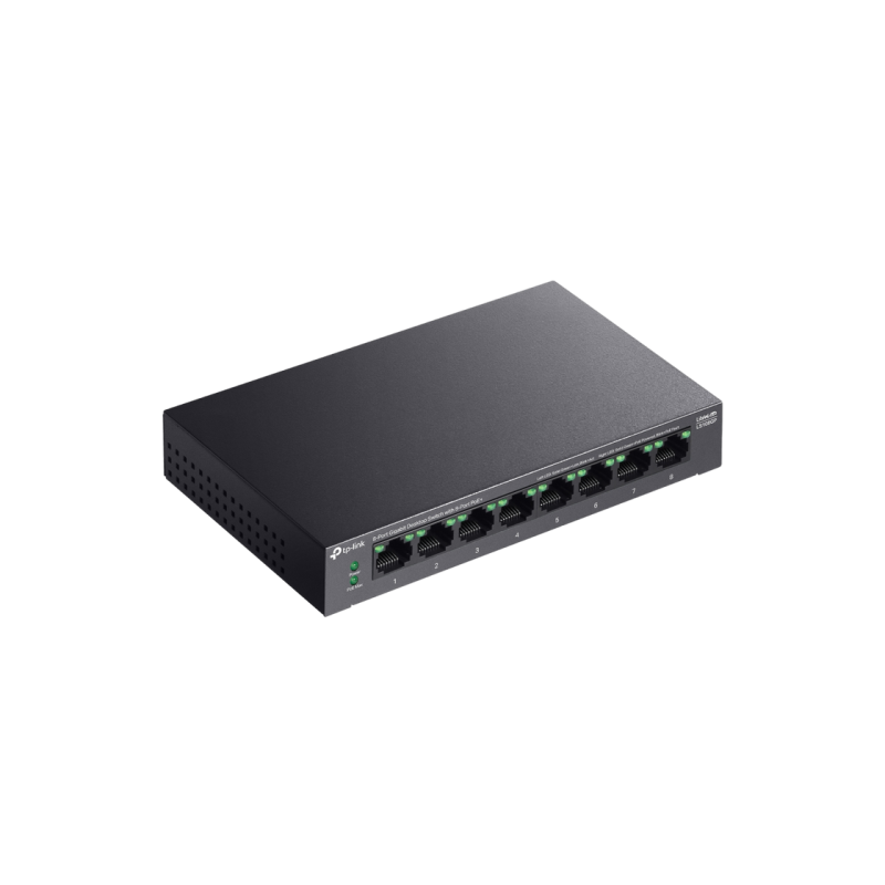 .8-port 10/100/1000Mbps POE, TP-LINK "LS108GP", with 8-Port PoE, 62W Budget, Auto Recovery, Metal
