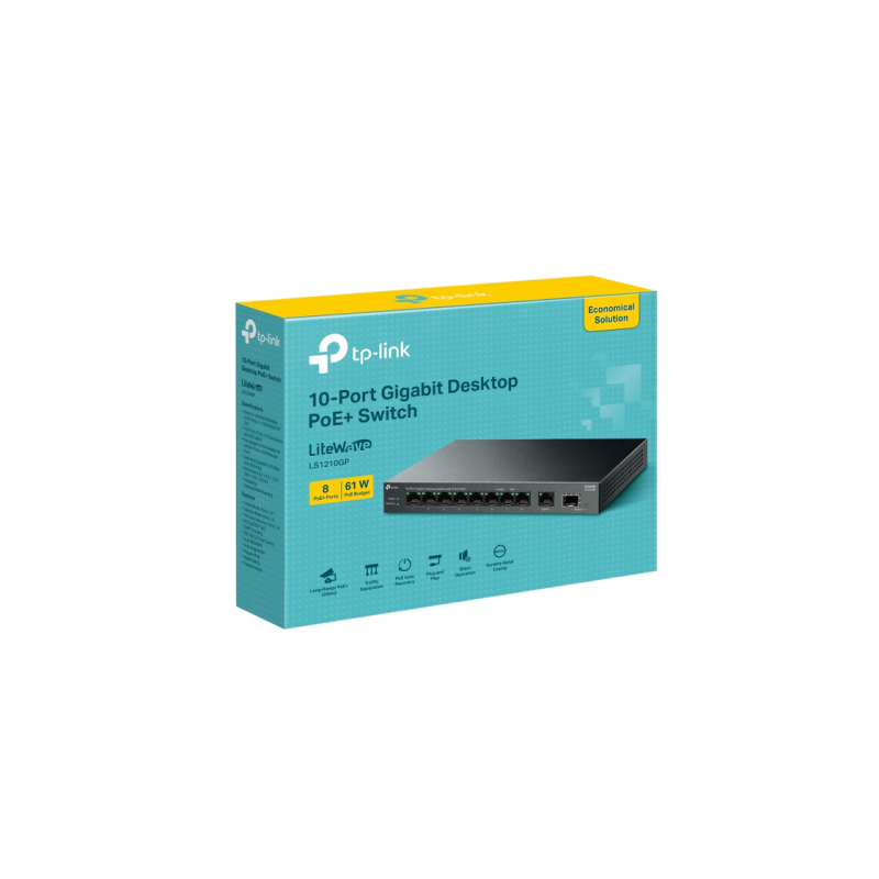 10-портовый 10/100/1000 Мбит/с POE+ коммутатор TP-LINK "LS1210GP", 8 портов PoE+, бюджет 61 Вт, автоматическое восстановление, SFP,