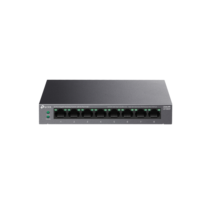 .8-port 10/100/1000Mbps  POE, TP-LINK "LS108GP", with 8-Port PoE, 62W Budget, Auto Recovery, Metal