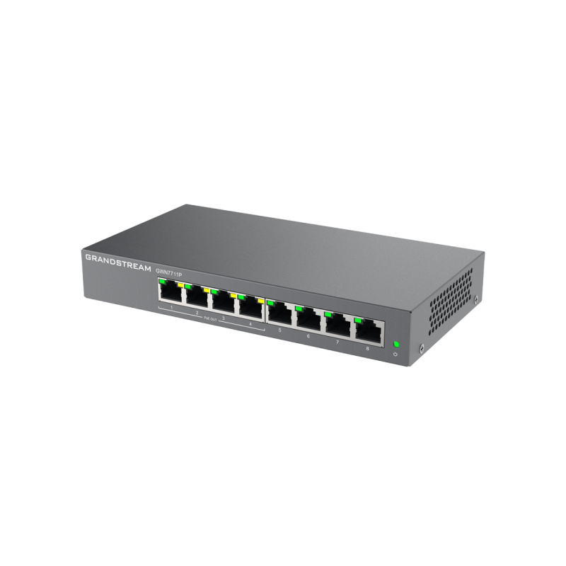 .8-портовый гигабитный управляемый коммутатор PoE Lite, Grandstream "GWN7711P", 4 порта PoE, стальной корпус, бюджет 60 Вт