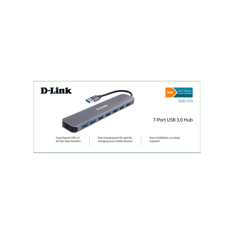 USB 3.0 концентратор 7 портов D-link "DUB-1370/B2A", быстрая зарядка, адаптер питания