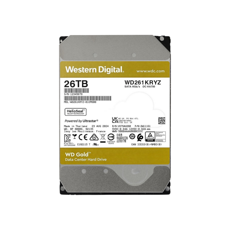 3,5-дюймовый жесткий диск 26,0 ТБ-SATA-512 МБ Western Digital "Gold (WD261KRYZ)", Enterprise, 24/7, CMR, 7200 об/мин, 2,5 МБ