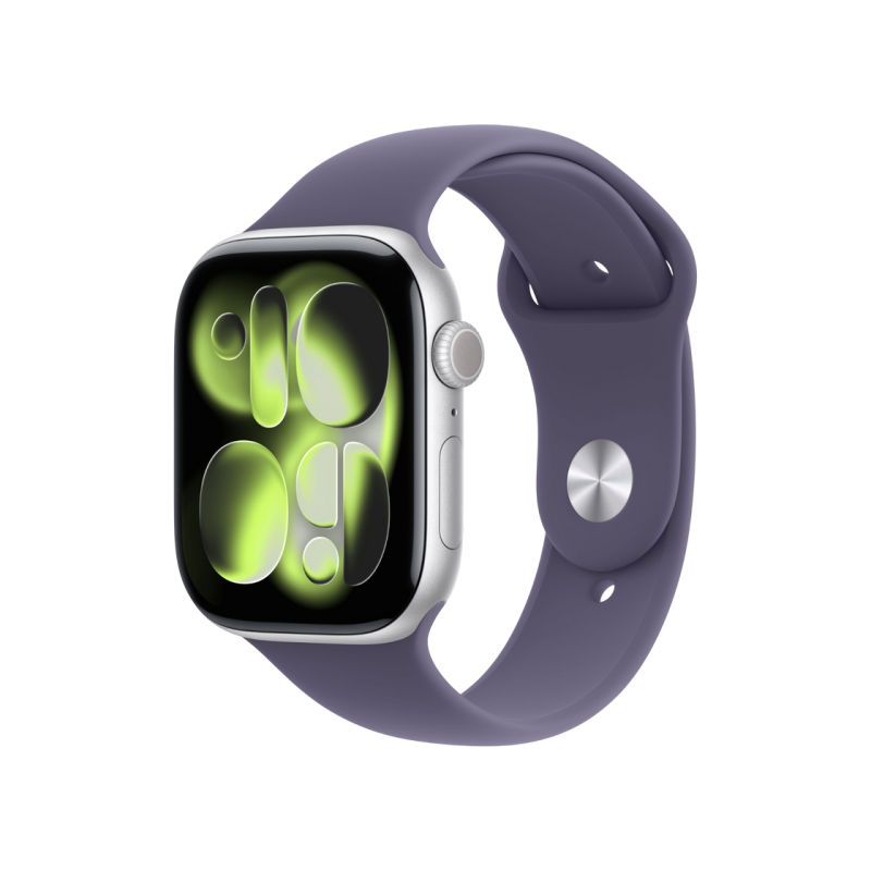 Apple Watch Series 11 GPS, 46mm Silver Aluminium Case with Purple Fog Sport Band - S/M, MEV94