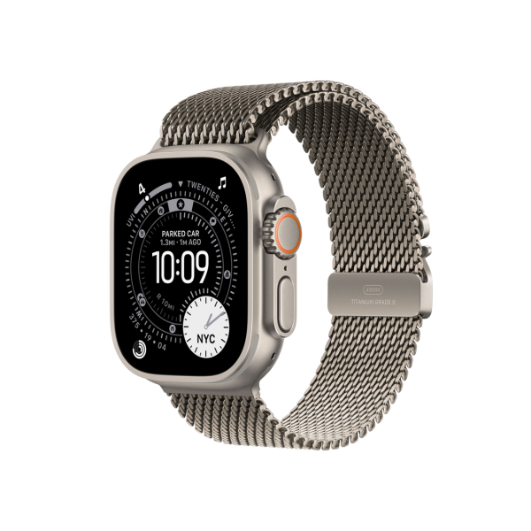 Apple Watch Ultra 3 GPS + Cellular, 49mm Natural Titanium Case with Natural Titanium Milanese Loop - Large, MF0E4