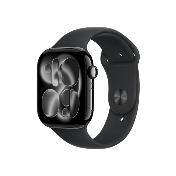 Apple Watch Series 11 GPS, 46 мм, корпус из алюминия цвета «чёрный уголь» с чёрным спортивным ремешком — M/L, MEUX4