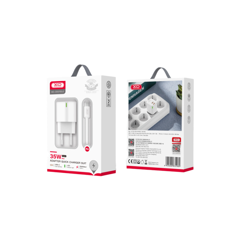 Зарядное устройство XO + кабель Type C, GaN 2Type-C PD35W, CE07, белый