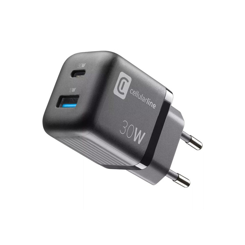 Зарядное устройство GAN Cellularline, 2 порта, PD + USB, 30 Вт, черное