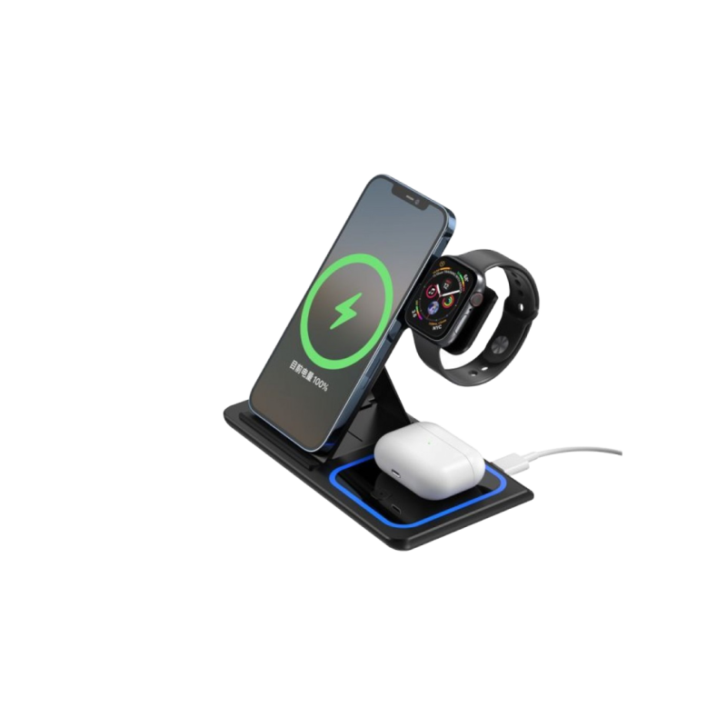 Беспроводное зарядное устройство XO, 3 в 1, WX023, черное (с поддержкой Apple)