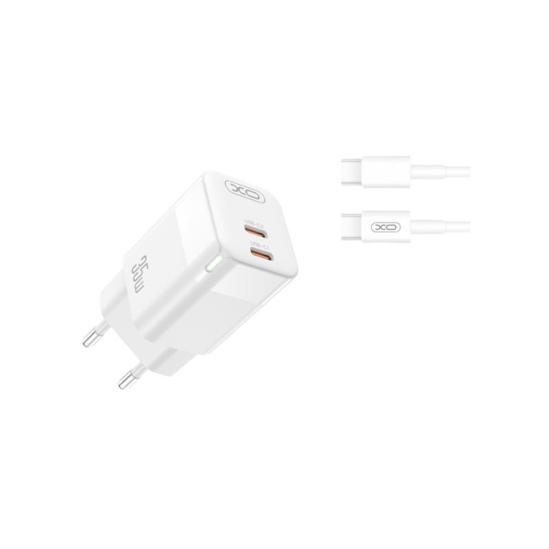 Зарядное устройство XO + кабель Type C, GaN 2Type-C PD35W, CE07, белый