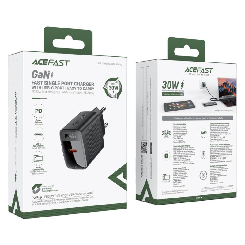 Зарядное устройство Acefast A102 PD30W, GaN single USB-C charger, Black