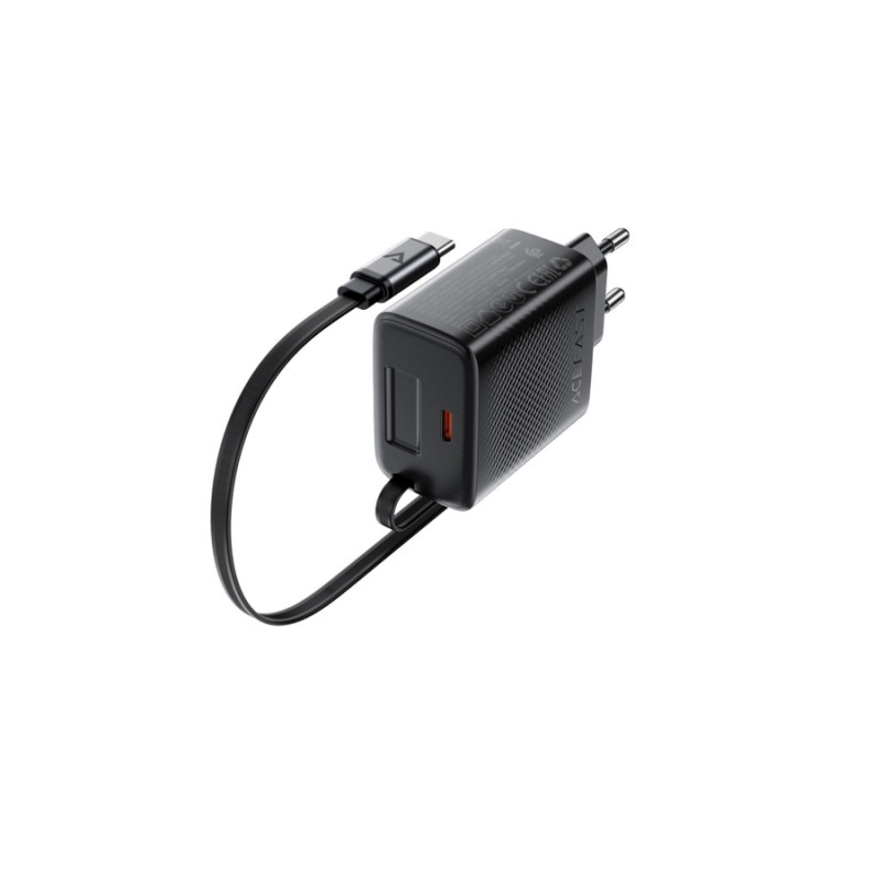 Зарядное устройство Acefast A110 PD30W, GaN charger (USB-C+USB-C) with retractable cable, Black