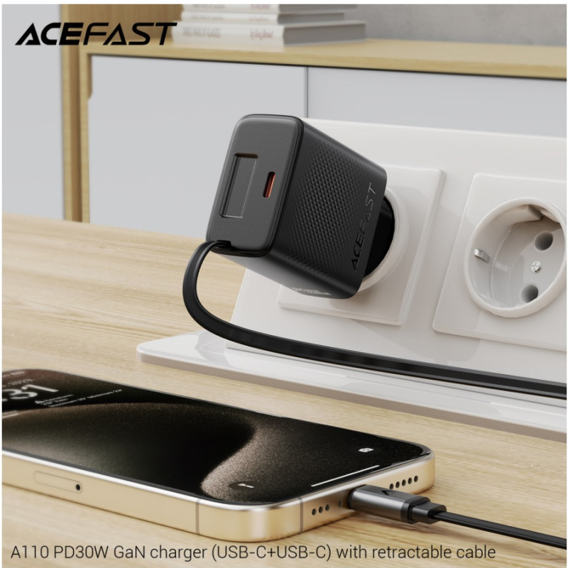 Зарядное устройство Acefast A110 PD30W, GaN charger (USB-C+USB-C) with retractable cable, Black