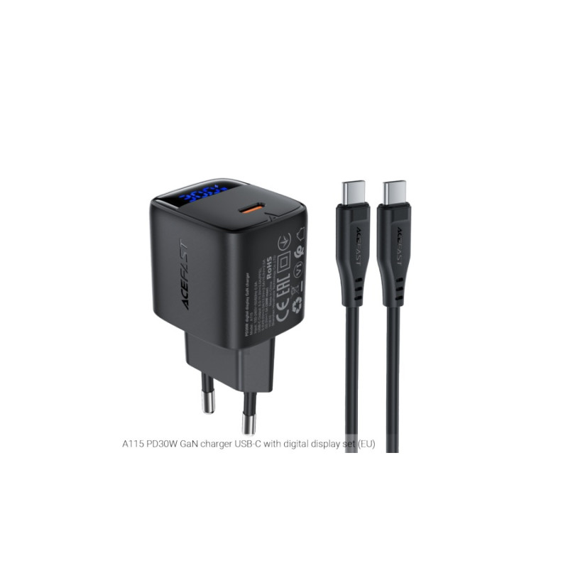 Зарядное устройство Acefast A115 PD30W (P5), GaN charger USB-C with digital display set, Black