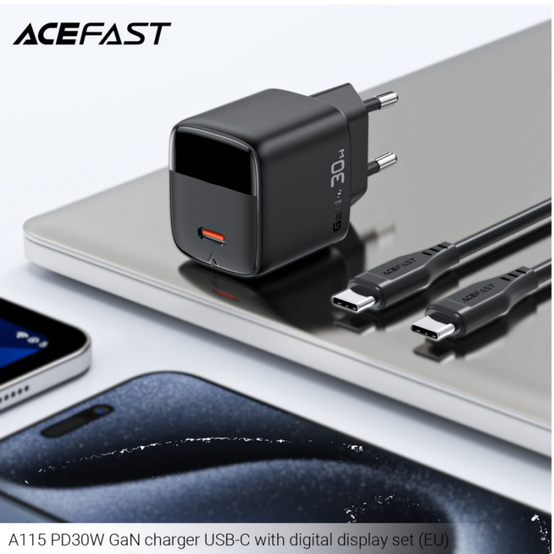 Зарядное устройство Acefast A115 PD30W (P5), GaN charger USB-C with digital display set, Black
