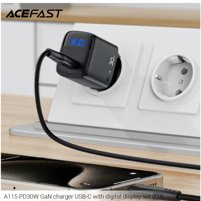 Зарядное устройство Acefast A115 PD30W (P5), GaN charger USB-C with digital display set, Black