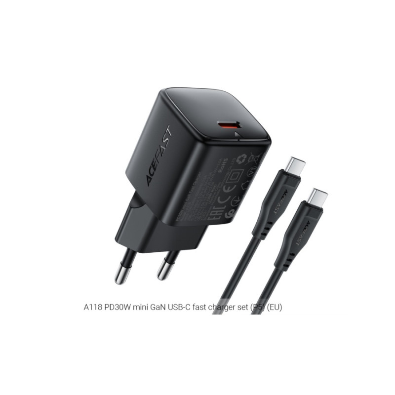 Зарядное устройство Acefast A118 PD30W (P5),  mini GaN USB-C fast charger set, Black