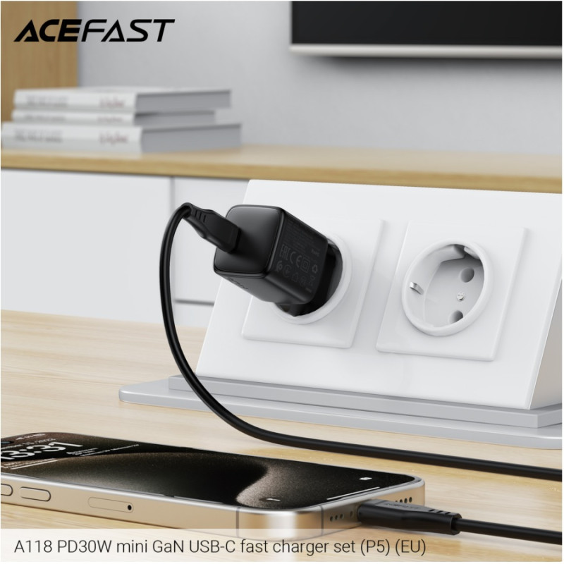 Зарядное устройство Acefast A118 PD30W (P5), mini GaN USB-C fast charger set, Black
