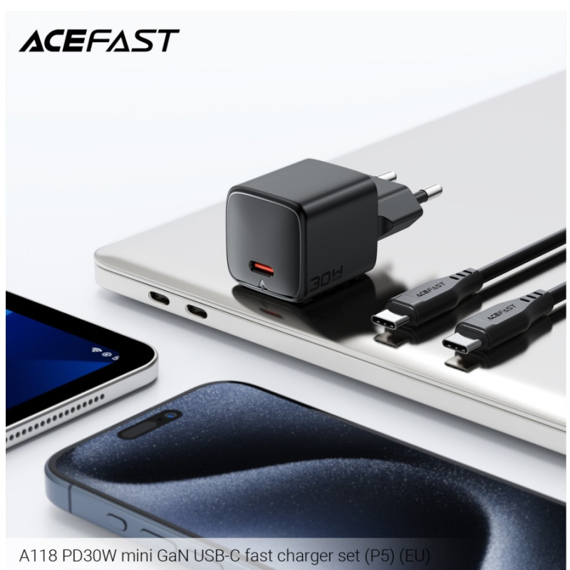 Зарядное устройство Acefast A118 PD30W (P5), mini GaN USB-C fast charger set, Black