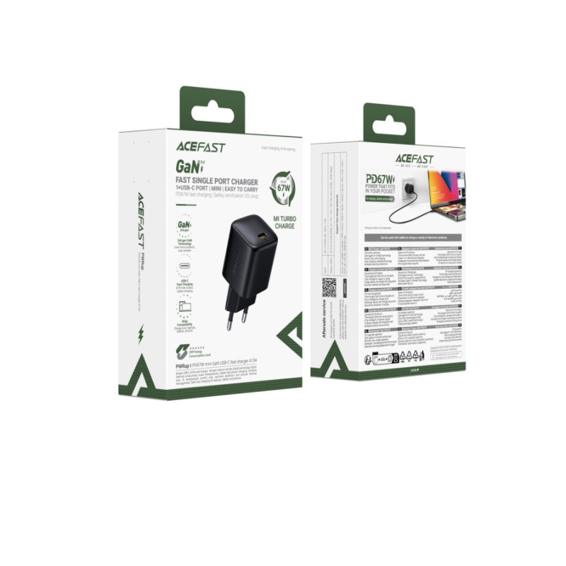 Зарядное устройство Acefast A134 PD67W, mini GaN USB-C fast charger, Black