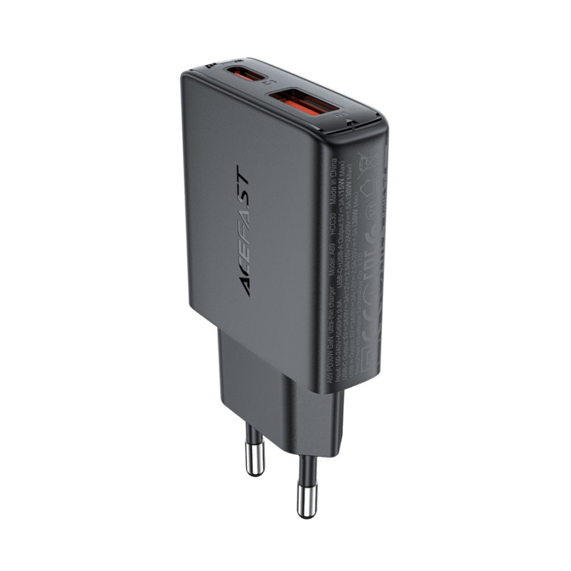 Зарядное устройство Acefast A69 PD30W, GaN (USB-A+USB-C) ultra-thin charger, Black