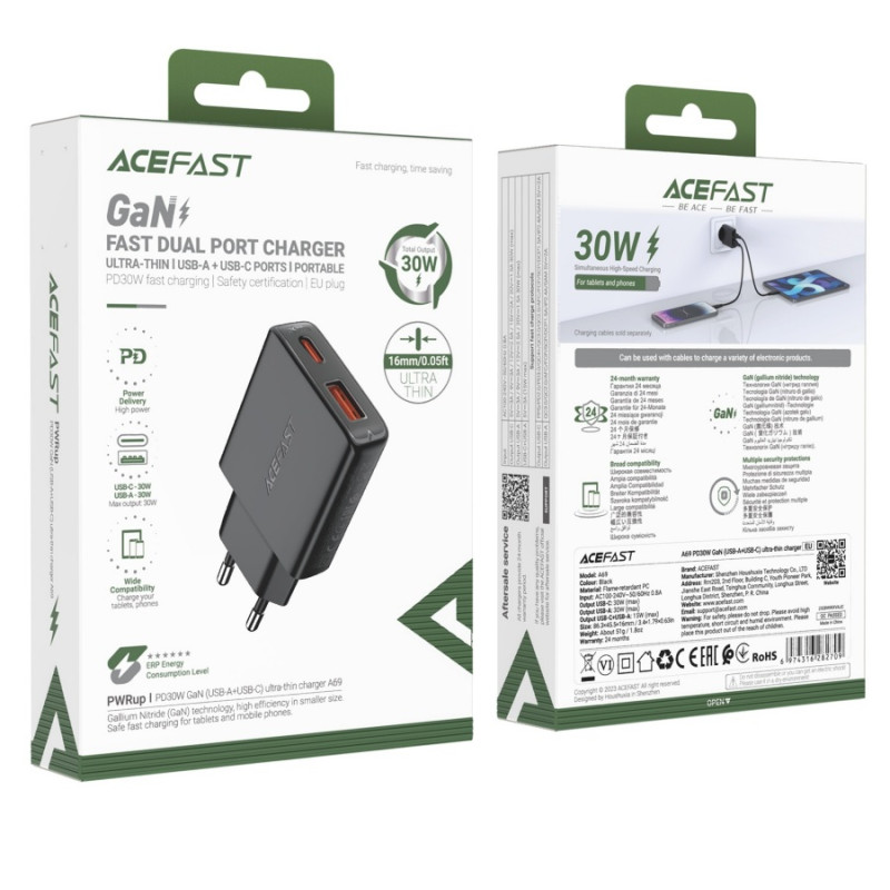 Зарядное устройство Acefast A69 PD30W, GaN (USB-A+USB-C) ultra-thin charger, Black