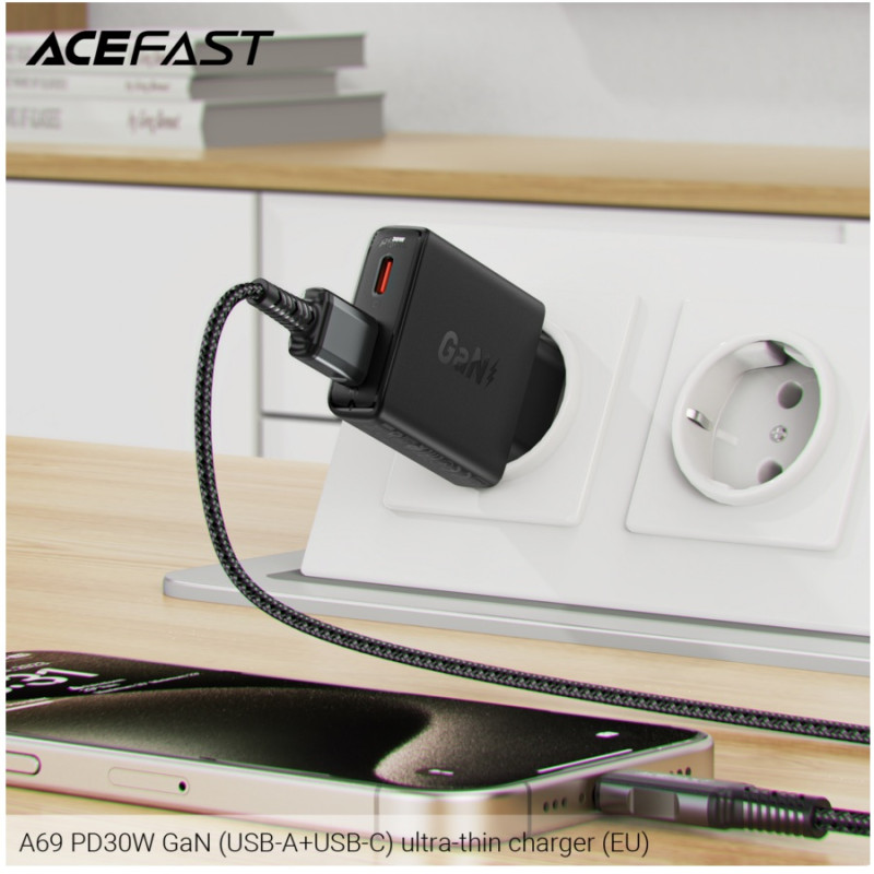 Зарядное устройство Acefast A69 PD30W, GaN (USB-A+USB-C) ultra-thin charger, Black
